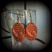 Load image into Gallery viewer, Lotus earrings Abacus earrings Carved Wood earrings Chinese earrings Wood earrings Flower earrings for pierced ears or stretched ears Gauges