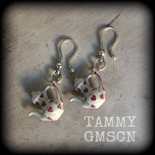 Load image into Gallery viewer, Teapot earring Coffee pot earrings Tunnel dangles Alice in Wonderland Devonshire Tea Ear hangers Kitsch Plugs Tunnel earrings Plug dangles