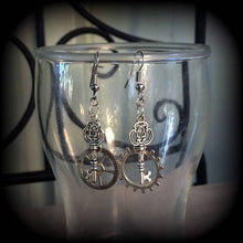 Load image into Gallery viewer, Cog earrings Steampunk Key earrings Industrial Dangle earrings Nautical Plug earrings Pierced ears Plug dangles Tunnel earrings Gauges 14g