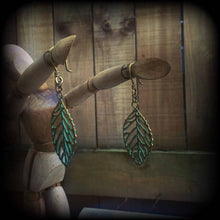 Load image into Gallery viewer, Leaf earrings Goddess jewelry Nature jewelry Plug earrings Patina earrings Wicca jewelry Gauged earrings 3mm tunnel dangles 8mm plug dangles