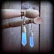 Load image into Gallery viewer, Moonstone earrings Opalite earrings Gemstone earrings Chakra jewelry Crystal jewelry Stone earrings Plug dangles Tunnel earrings Gauges 8g