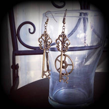 Load image into Gallery viewer, Bronze key earrings Cog Key Industrial Pierced ears Steampunk Tunnel dangles Tunnel earrings Plug earrings Pierced ears Plug dangles 14g 0g