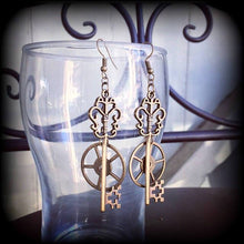 Load image into Gallery viewer, Bronze key earrings Cog Key Industrial Pierced ears Steampunk Tunnel dangles Tunnel earrings Plug earrings Pierced ears Plug dangles 14g 0g