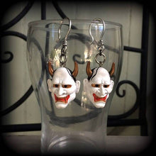 Load image into Gallery viewer, Hannya Mask earrings, Japanese earrings, Demon earrings, Mythology, Oni Mask earrings, Kabuki earrings, Dangle earrings, Plug earrings