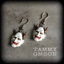 Load image into Gallery viewer, Hannya Mask earrings, Japanese earrings, Demon earrings, Mythology, Oni Mask earrings, Kabuki earrings, Dangle earrings, Plug earrings