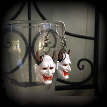 Load image into Gallery viewer, Hannya Mask earrings, Japanese earrings, Demon earrings, Mythology, Oni Mask earrings, Kabuki earrings, Dangle earrings, Plug earrings