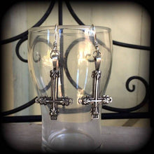 Load image into Gallery viewer, Inverted Cross earrings Gothic earrings Antichrist jewelry Plug earrings St Peters cross Occult earrings Church of Satan Tunnel earrings 3mm