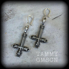 Load image into Gallery viewer, Inverted Cross earrings Gothic earrings Antichrist jewelry Plug earrings St Peters cross Occult earrings Church of Satan Tunnel earrings 3mm