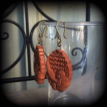 Load image into Gallery viewer, Lotus earrings Abacus earrings Carved Wood earrings Chinese earrings Wood earrings Flower earrings for pierced ears or stretched ears Gauges