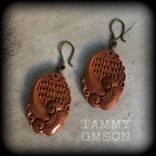 Load image into Gallery viewer, Lotus earrings Abacus earrings Carved Wood earrings Chinese earrings Wood earrings Flower earrings for pierced ears or stretched ears Gauges