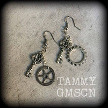 Load image into Gallery viewer, Cog earrings Steampunk Key earrings Industrial Dangle earrings Nautical Plug earrings Pierced ears Plug dangles Tunnel earrings Gauges 14g