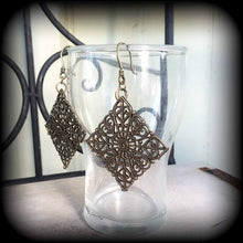 Load image into Gallery viewer, Mandala earrings Fractal earrings Henna earrings Sacred Geometry Geometric earrings Hanging gauges earrings Pierced ears Gauged earrings
