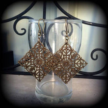 Load image into Gallery viewer, Mandala earrings Fractal earrings Henna earrings Sacred Geometry Geometric earrings Hanging gauges earrings Pierced ears Gauged earrings