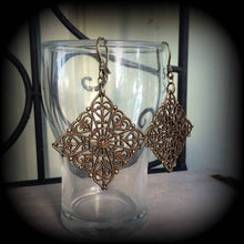 Load image into Gallery viewer, Mandala earrings Fractal earrings Henna earrings Sacred Geometry Geometric earrings Hanging gauges earrings Pierced ears Gauged earrings