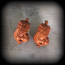 Load image into Gallery viewer, 3mm ear weights 8 gauge ear hangers Foo Dog Temple Dog Chinese New Year Tunnel dangles Gauges Hanging gauges Plug dangles Gauged earrings