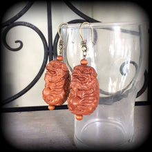 Load image into Gallery viewer, 3mm ear weights 8 gauge ear hangers Foo Dog Temple Dog Chinese New Year Tunnel dangles Gauges Hanging gauges Plug dangles Gauged earrings