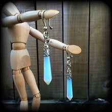 Load image into Gallery viewer, Opalite earrings, Gemstone earrings, Crystal Healing Moonstone earrings, Plug earrings, Tunnel earrings, Long earrings, White earrings, 14g