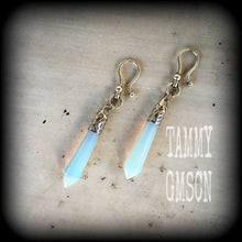 Load image into Gallery viewer, Opalite earrings, Gemstone earrings, Crystal Healing Moonstone earrings, Plug earrings, Tunnel earrings, Long earrings, White earrings, 14g