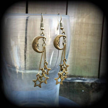 Load image into Gallery viewer, Moon earrings Star earrings Celestial earrings Moon and Star earrings Space earrings Boho earrings Pierced ears Tapers Gauges 0g 2g 4g 6g 8g