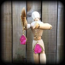 Load image into Gallery viewer, Pink Druzy earrings Quartz earrings Gemstone Tunnel earrings Organic Plug earrings Pink earrings Dangle earring Pierced ears Gauged earrings