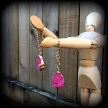 Load image into Gallery viewer, Pink Druzy earrings Quartz earrings Gemstone Tunnel earrings Organic Plug earrings Pink earrings Dangle earring Pierced ears Gauged earrings