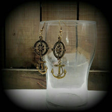 Load image into Gallery viewer, Anchor earrings, Nautical jewelry, Compass earrings, Sailor Jerry, Sea Shanty earrings, Dangle earrings, Steampunk jewelry, Tunnel earrings