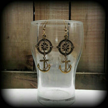 Load image into Gallery viewer, Anchor earrings, Nautical jewelry, Compass earrings, Sailor Jerry, Sea Shanty earrings, Dangle earrings, Steampunk jewelry, Tunnel earrings