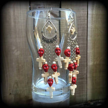 Load image into Gallery viewer, Skull earrings Voodoo ear weights Marie Laveau Los Muertos Loa Santeria Inverted cross Gauged earrings Day of the Dead Tunnel dangles Gauges