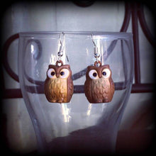 Load image into Gallery viewer, Owl earrings, Bird earrings, Animal earrings, Kawaii Earrings, Cute earrings, Dangle earrings, For pierced ears, Plug earrings, Tunnels
