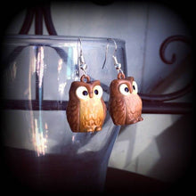 Load image into Gallery viewer, Owl earrings, Bird earrings, Animal earrings, Kawaii Earrings, Cute earrings, Dangle earrings, For pierced ears, Plug earrings, Tunnels