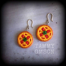 Load image into Gallery viewer, Pizza earrings Junk food earrings Food jewelry 3mm tunnel dangles 8 gauge plug earrings 6 gauge ear hangers 4 gauge ear weights 8mm 0 gauge
