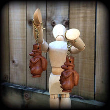 Load image into Gallery viewer, Mouse earrings Wood earrings Kitsch earrings Animal earrings Pet earrings Carved Wood earrings Mouse jewelery Animal jewelry Gifts for her