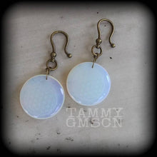 Load image into Gallery viewer, 2 gauge ear weights Opalite Ear hangers Flower of life Gauged earrings Hanging Gauges 0 gauge plug dangles 4 gauge tunnel dangles 0g 2g 4g
