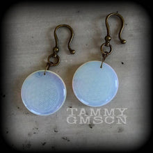 Load image into Gallery viewer, 2 gauge ear weights Opalite Ear hangers Flower of life Gauged earrings Hanging Gauges 0 gauge plug dangles 4 gauge tunnel dangles 0g 2g 4g