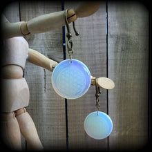 Load image into Gallery viewer, Flower of Life earrings Moonstone earrings Opalite earrings Sacred Geometry Tunnel earrings Chakra earrings Pierced ears 6mm plug earrings