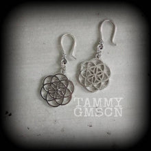 Load image into Gallery viewer, 8 gauge, 4 gauge, 2 gauge weights, Seed of Life, Ear hangers, Ear dangles, Tunnel dangles, Plug dangles, Gauged earrings, Hanging gauges 2g