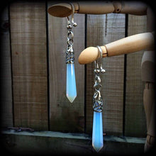 Load image into Gallery viewer, Opalite earrings, Gemstone earrings, Crystal Healing Moonstone earrings, Plug earrings, Tunnel earrings, Long earrings, White earrings, 14g