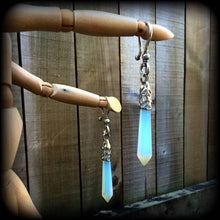 Load image into Gallery viewer, Opalite earrings, Gemstone earrings, Crystal Healing Moonstone earrings, Plug earrings, Tunnel earrings, Long earrings, White earrings, 14g