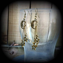 Load image into Gallery viewer, Moon earrings Star earrings Celestial earrings Moon and Star earrings Space earrings Boho earrings Pierced ears Tapers Gauges 0g 2g 4g 6g 8g