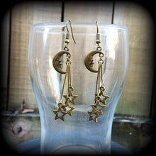 Load image into Gallery viewer, Moon earrings Star earrings Celestial earrings Moon and Star earrings Space earrings Boho earrings Pierced ears Tapers Gauges 0g 2g 4g 6g 8g