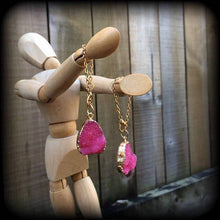 Load image into Gallery viewer, Pink Druzy earrings Quartz earrings Gemstone Tunnel earrings Organic Plug earrings Pink earrings Dangle earring Pierced ears Gauged earrings