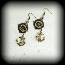 Load image into Gallery viewer, Anchor earrings, Nautical jewelry, Compass earrings, Sailor Jerry, Sea Shanty earrings, Dangle earrings, Steampunk jewelry, Tunnel earrings