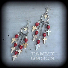 Load image into Gallery viewer, Skull earrings Voodoo ear weights Marie Laveau Los Muertos Loa Santeria Inverted cross Gauged earrings Day of the Dead Tunnel dangles Gauges