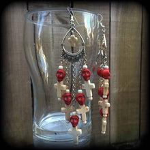 Load image into Gallery viewer, Skull earrings Voodoo ear weights Marie Laveau Los Muertos Loa Santeria Inverted cross Gauged earrings Day of the Dead Tunnel dangles Gauges