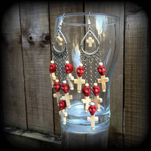 Load image into Gallery viewer, Skull earrings Voodoo ear weights Marie Laveau Los Muertos Loa Santeria Inverted cross Gauged earrings Day of the Dead Tunnel dangles Gauges