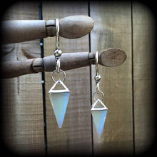 Load image into Gallery viewer, Moonstone ear weights, Opalite ear hangers, Tunnel dangles, Plug dangles, Hanging gauges, Plug weights, Tunnel weights, Gauged earrings 0g