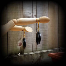 Load image into Gallery viewer, Onyx Ear weights Black Onyx Ear hangers Moon Plug earrings Hanging gauges Gemstone Tunnel dangles Gauged earrings 00g 0g 2g 4g 6g 8g 10g 12