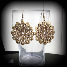 Load image into Gallery viewer, Mandala earrings Geometric earrings Sacred Geometry Bronze Fractal Plug earrings Tunnel dangles Yoga earrings Boho earrings Pierced ears