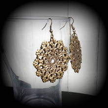 Load image into Gallery viewer, Mandala earrings Geometric earrings Sacred Geometry Bronze Fractal Plug earrings Tunnel dangles Yoga earrings Boho earrings Pierced ears