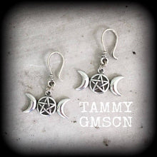 Load image into Gallery viewer, Triple moon earrings Pentagram earrings Pentagram earrings Pagan earrings Coven earrings Full moon Spellcraft Plug earrings Tunnel earrings